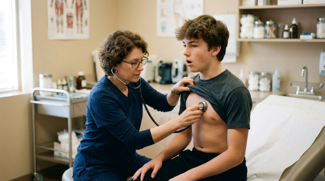 Woman doctor using stethoscope to examine chest of teenage boy in medical office. Professional healthcare checkup. Pediatrician diagnostic procedure for young male patient in clinic.