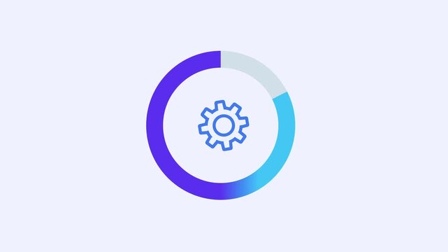 Animated circular settings progress indicator with gear icon and gradient loading ring. Clean flat motion graphic for system configuration, software setup, processing status, and digital workflow conc