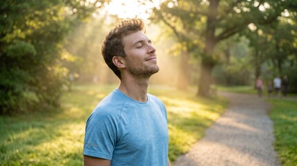Peaceful young man deeply inhaling fresh air in a sunlit park, finding serenity and mindfulness amidst nature's beauty and calming green environment