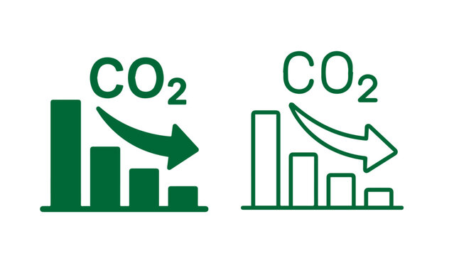 Solid and outline green CO2 reduction icons with leaf and arrows