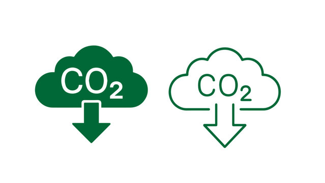 Green CO2 cloud reduction icon with downward arrow outline and solid