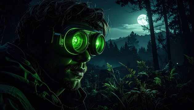 Man Wearing Activated Night Vision Goggles With Green Monochromatic Glow in a Moonlit Forest Landscape