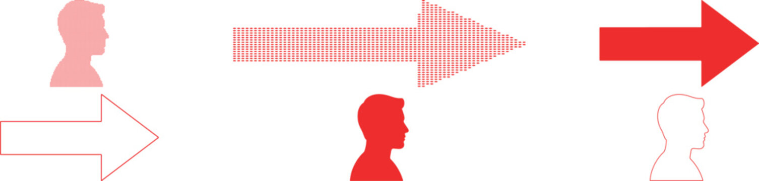 Red profile silhouette and arrow icons in pixelated and solid styles head person