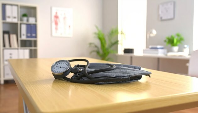 Medical blood pressure cuff and gauge resting on a wooden table in a doctor's office setting