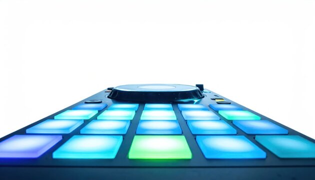 Close-up of glowing pads on music MIDI controller.