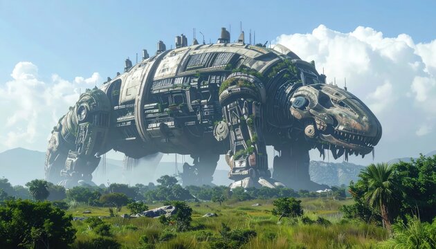 Colossal mechanical beast walking through a green landscape.