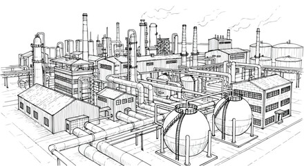 Fototapeta premium Industrial Oil Refinery Plant Complex Hand Drawn Vector Illustration