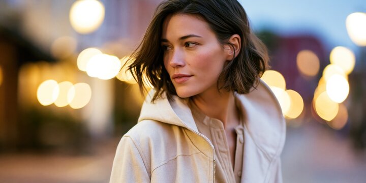 A stylish woman stands confidently in an urban environment, illuminated by warm street lights, exuding charisma and modernity against a softly blurred city backdrop.