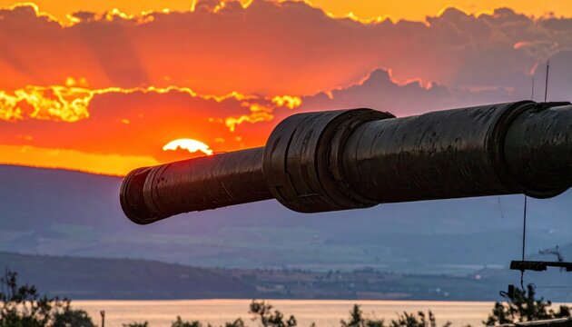 Massive tank cannon muzzle silhouetted against a dramatic sunset sky pointing towards the horizon, showcasing military power.