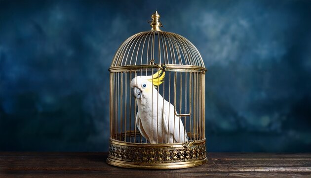a white cockatoo parrot sits in a vintage brass birdcage looking directly at the camera