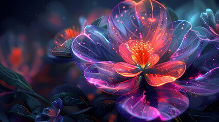 Obraz premium Vibrant gradient neon flower featuring futuristic neon glow across vibrant gradient colored petals, neon glow intensifies gradient colors creating visually dynamic floral design.