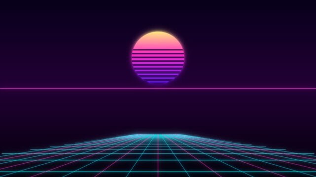 Retro 80s synthwave sunset over a neon perspective grid