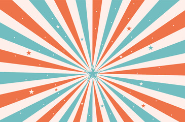 Fototapeta premium Retro sunburst background with central star and radial rays. Vintage abstract sunburst texture in nostalgic circus colors