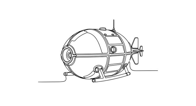 A spherical underwater research submersible featuring external landing skids and rear stability fins rendered in a clean minimalist line art drawing on white.