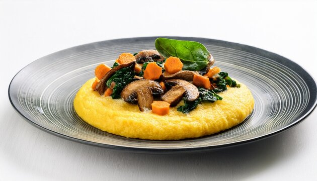 delicious polenta dish with sauteed mushrooms carrots and spinach on white background