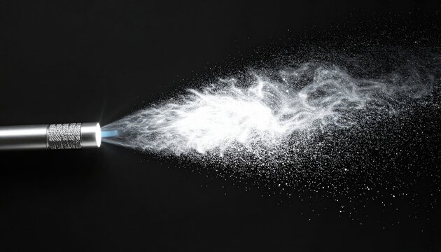 Medical penlight beam illuminates bright white powder spray against a dark background, showcasing focused dispersion.