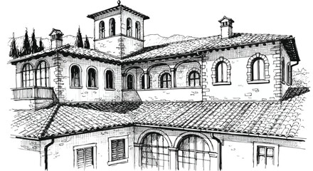Fototapeta premium Hand Drawn Mediterranean Villa Architecture Vector Illustration Sketch