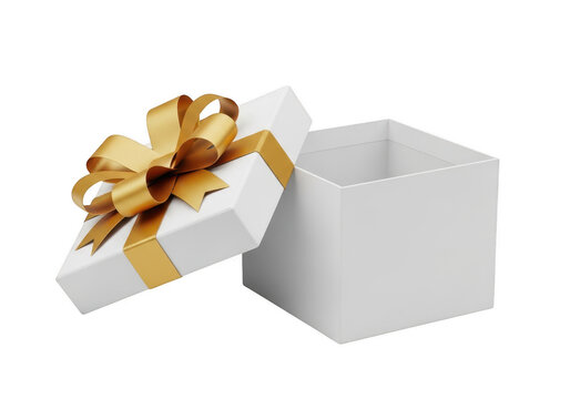 Open white gift box with a shiny gold ribbon bow on top for a birthday or holiday celebration isolated on transparent background