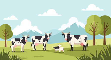 Cartoon Cows and Calf Grazing in a Green Field with Mountains and Trees © Sugiono