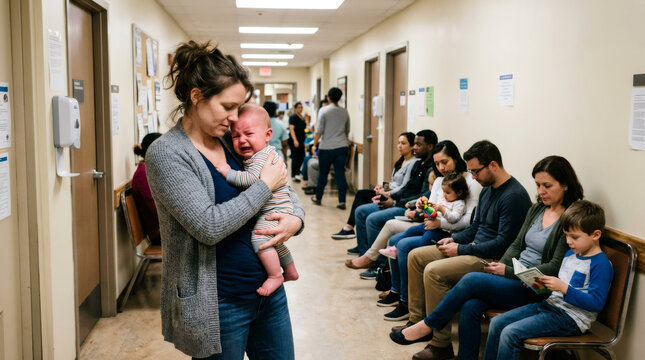 Woman holding a crying baby in a hospital corridor. Group of parents and children waiting in the clinic office. Medical waiting line, healthcare service, patient care and family support.