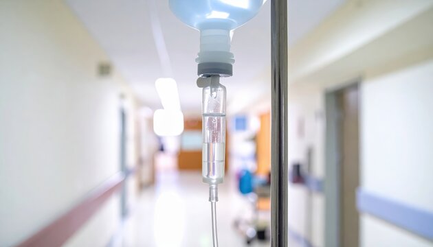 Medical IV drip bag filled with clear saline solution hanging from a chrome stand in a hospital hallway