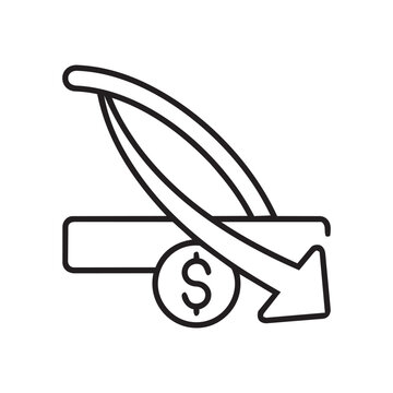 Downward arrow icon over a dollar coin representing financial decline with reduction business negative recession depreciation illustration downturn devaluation investment interest financial