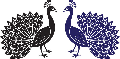 Fototapeta premium Black and purple peacocks standing side by side