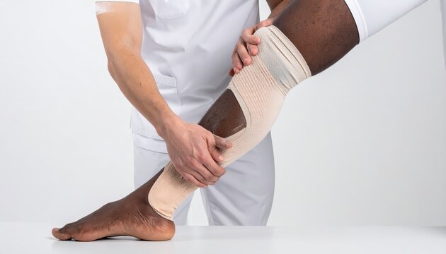 Medical professional applying an anti-embolism compression stocking to a patient's leg for circulation support