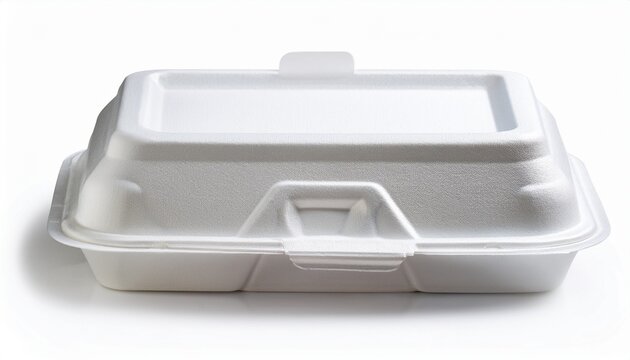 white styrofoam food containers isolated on white background showing variety of angles for packaging and delivery uses