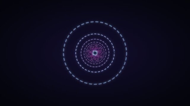 Neon tunnel of glowing concentric dashed circles on dark background