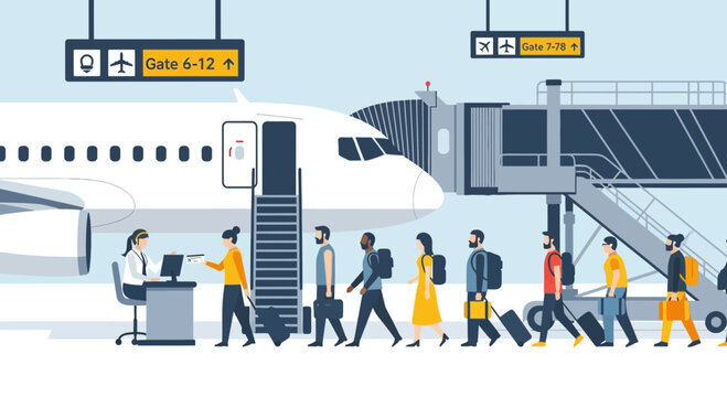 Passengers Boarding Airplane at Airport Gate with Jet Bridge and Flight Attendant