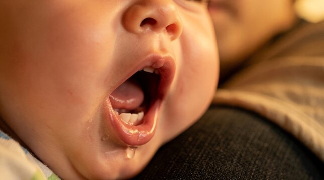 Baby's Mouth Open with Drool and Emerging Teeth