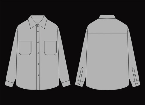 Men's Overshirt Technical Flat Sketch Front and Back View Vector Template