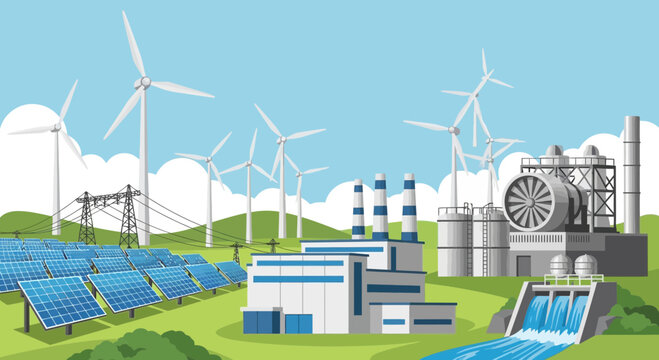Sustainable energy landscape with wind turbines, solar panels, and hydroelectric dam