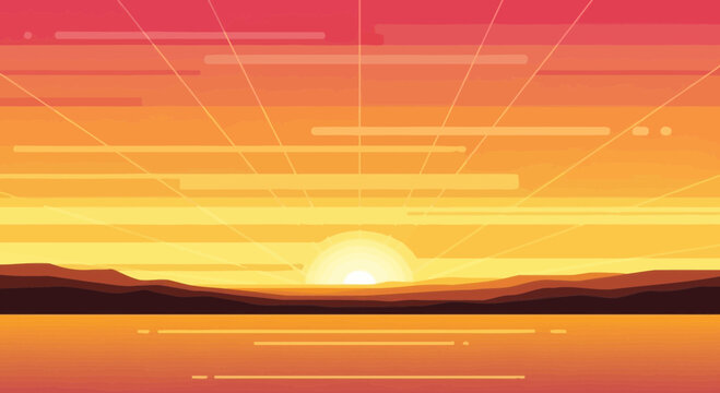 Pixel Art Sunrise Over Water with Rays and Clouds