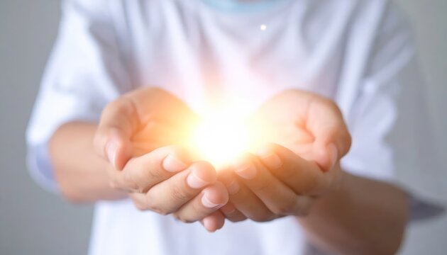 Close up of cupped hands holding brilliant golden light.