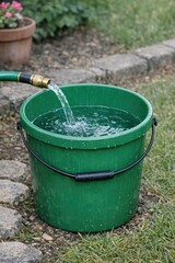Naklejka premium A green bucket filled with water and equipped with a hose, ready for use