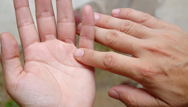 Close up of palm reading session with hands touching.