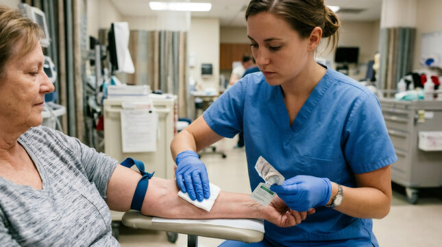 Nurse cleaning arm of woman patient for blood draw. Medical technician preparing skin with antiseptic pad before phlebotomy procedure in hospital. Clinical diagnostic healthcare service.