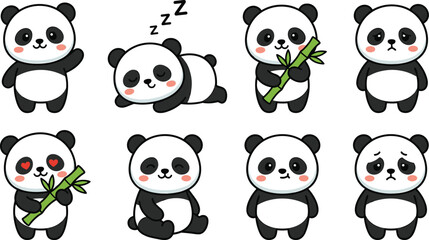 Collection of Cute Cartoon Panda Bear Character Icons Expressing Various Emotions and Poses on White Background © Mahsina