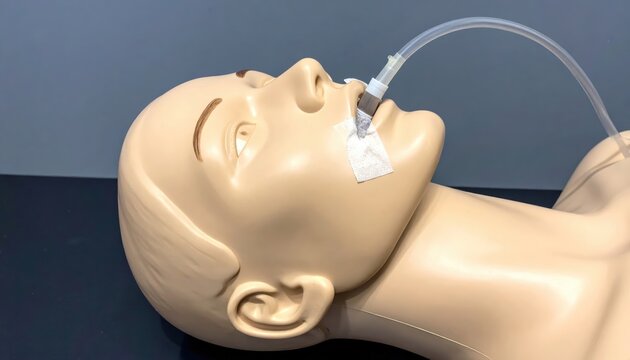 Medical training mannequin head with correctly placed nasogastric tube for procedural practice and skill development