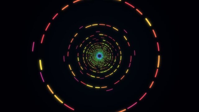 Abstract neon tunnel of dashed circles changing colors