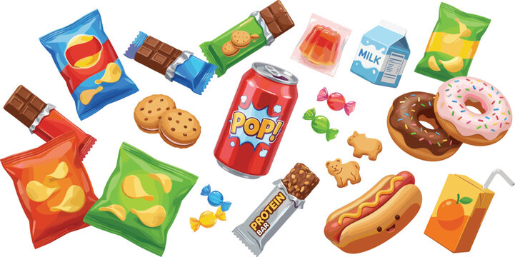 Collection of various junk food snacks including chips, chocolate bars, soda, donuts, and hot dogs isolated illustration