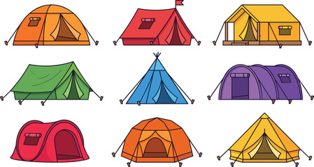 Set of colorful camping tents isolated on white background, diverse styles of outdoor shelter for tourism adventures © Mahsina