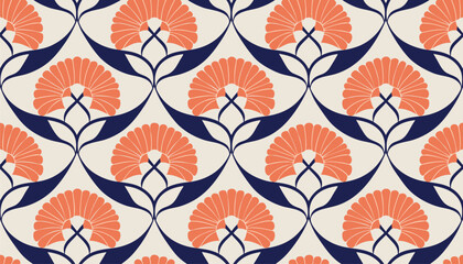 Seamless floral pattern with orange flowers and blue curved stems © vectyx2