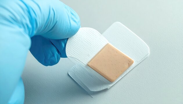Medical transdermal patch being carefully peeled from its backing by a gloved hand, emphasizing sterile application and health treatment.
