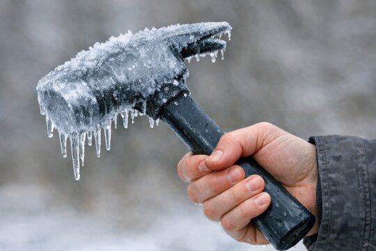 A person holding a large ice pick in their hand, perfect for illustrations about construction or repair