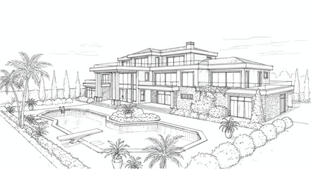 Obraz premium Luxury Mansion Architectural Sketch Vector Illustration with Pool