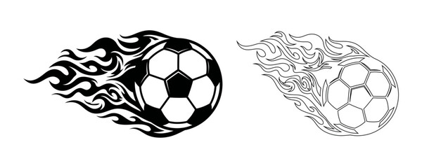 Flying soccer ball with heavy fire flames vector illustration. Dynamic burning football in blaze speed motion graphic element for sports branding © DILARA