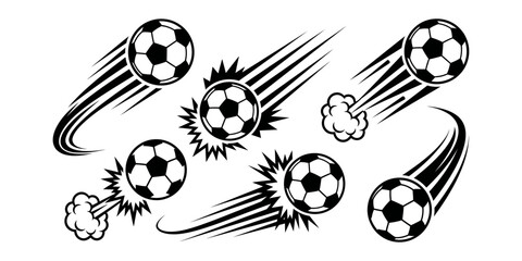 Flying soccer balls with comic speed motion lines set. Dynamic football bundle with smoke clouds and impact crash trails for sports design © DILARA